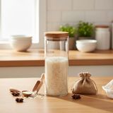 Akasya Ahşap Kapaklı Borosilikat Cam Kavanoz - 350 ml Vakumlu Yuvarlak Baharatlık Çay ve Kahve S