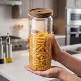 Akasya Kapaklı Yuvarlak Borosilikat Cam Kavanoz 1250 Ml, 9 × 25 Cm, Orta Delikli Ahşap Kapak, Şeffaf Makarna Bakliyat Kahve Çay ve Kuru Gıda Saklama K