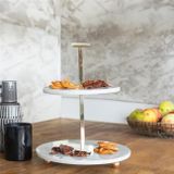 Akayev Mermer 25 Cm Beyaz Altin Boncuk Ayakli Iki Katli Sunum Tabagi
