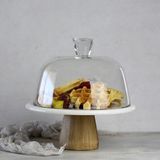 Akayev Mermer Servis Tabağı – Ahşap Ayaklı, Beyaz Cam Fanuslu, 25 cm, 3 Parçalı Şık Sunum ve Servis Seti