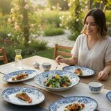 Akayev Porselen Vintage Blue 5 Parça Salata Kayık Servis Takımı Servis Takımı