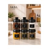 AKBA HOME 6’lı Cam Baharatlık Seti 500 ml Kaşıklı Kapaklı Etiketli Siyah Baharat Takımı Mutfak Düzenleyici
