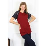 Akbeniz 4149 Bordo Kolu Dantelli Penye Kadın Pijama Takım