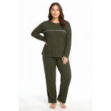 Akbeniz Büyük Beden Şerit Detaylı Kalın Uzun Kollu Kadın Pijama Takımı Haki