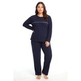 Akbeniz Büyük Beden Şerit Detaylı Kalın Uzun Kollu Kadın Pijama Takımı Lacivert
