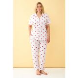 Akbeniz Kadın Beyaz Kırmızı Kalp Desenli Önden Düğmeli Büyük Beden Pijama Takımı