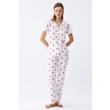 Akbeniz Kadın Beyaz Kırmızı Kalpli Önden Düğmeli Pijama Takımı