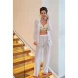 Akbeniz Kadın Beyaz Şeffaf Jakar Düğmeli Pijama Takımı