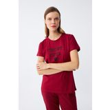 Akbeniz Kadın Bordo Kalp Desenli Kısa Kollu Penye Pijama Takımı