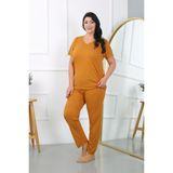 Akbeniz Kadın Büyük Beden Kısa Kol Penye Pijama Takımı Hardal 202405 - 5XL - 105-Renkli