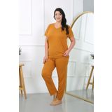Akbeniz Kadın Büyük Beden Kısa Kol Penye Pijama Takımı Hardal 202405