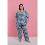 Akbeniz Kadın Büyük Beden Mavi Tropikal Desenli Düğmeli Pijama Takımı