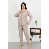 Akbeniz Kadın Büyük Beden Pamuklu Cepli Düğmeli Krem Pijama Takım 202506