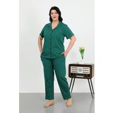 Akbeniz Kadın Büyük Beden Pamuklu Cepli Düğmeli Zümrütyeşili Pijama Takım 202507