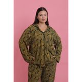 Akbeniz Kadın Büyük Beden Tropikal Yaprak Desenli Düğmeli Pijama Takımı
