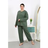 Akbeniz Kadın Büyük Beden Uzun Kol Penye Pijama Takımı Haki 202501