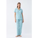 Akbeniz Kadın Buz Mavisi Yıldız Desenli Önden Düğmeli Pijama Takımı