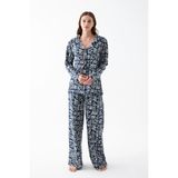 Akbeniz Kadın Lacivert “Paris” Yazı Desenli Düğmeli Pamuklu Pijama Takımı