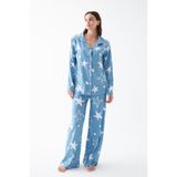 Akbeniz Kadın Mavi Yıldız Desenli Düğmeli Pamuklu Pijama Takımı