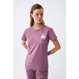 Akbeniz Kadın Mor Patili Tavşan Baskılı Cepli Pijama Takımı