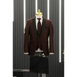 Akçaylar Regular Fit Armürlü Kırlangıç Yaka Yelekli Flarlı Smokin Takım Elbise - Bordo - 50 / 6