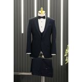 Akçaylar Regular Fit Armürlü Mono Çıkmalı Yaka Yelekli Papyonlu Smokin Takım Elbise - Lacivert - 50 / 6