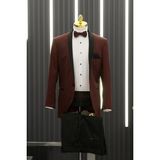 Akçaylar Regular Fit Armürlü Şal Yaka (Yaka Çıkmalı) Papyonlu Kuşaklı Smokin Takım Elbise - Bordo - 58 / 6