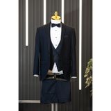 Akçaylar Regular Fit Düz Kumaş Şal Yaka (Yaka Çıkmalı) Papyonlu Yelekli Smokin Takım Elbise - Lacivert - 56 / 6
