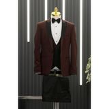 Akçaylar Slimfit Armürlü Kırlangıç Çıkmalı Yaka Yelekli Papyonlu Smokin Takım Elbise - Bordo - 52 / 6