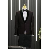 Akçaylar Slimfit Armürlü Kırlangıç Kadife Yaka Yelekli Papyonlu Smokin Takım Elbise - Bordo - 54 / 6