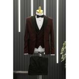 Akçaylar Slimfit (Skinny Kesim) Şal Desenli Sivri Sabit Yaka Yelekli Papyonlu Smokin Takım Elbise - Bordo - 44 / 6