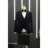 Akçaylar Slimfit (Skinny Kesim) Şal Desenli Sivri Sabit Yaka Yelekli Papyonlu Smokin Takım Elbise - Lacivert - 48 / 6