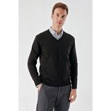 Akçaylar Slimfit V Yaka Düz Basic Model Pamuklu Erkek Uzun Kol Triko Kazak - Siyah