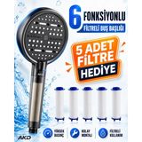 AKD 6 Fonksiyonlu Filtreli Duş Başlığı – Yüksek Basınçlı Antrasit El Duşu, 5 Yedek Filtre Hediyeli - Montajlı