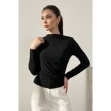AKD Atelier Kadın Bluz Taşlı Drapeli Uzun Kollu Sandy Kumaş Kısa Şık Bluz