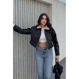 AKD Atelier Kadın Crop Ceket Suni Deri Yakası Kürklü Fermuarlı Çift Cepli Kısa Deri Mont - 36 - Siyah