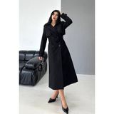 AKD Atelier Kadın Kaban Uzun Kaşe Kuşaklı Düğmeli Cepli Kruvaze Premium Kaban - 40 - Siyah
