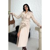 AKD Atelier Kadın Kaban Uzun Kaşe Kuşaklı Düğmeli Cepli Kruvaze Premium Kaban - 42 - Ekru