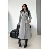 AKD Atelier Kadın Kaban Uzun Kaşe Kuşaklı Düğmeli Cepli Kruvaze Premium Kaban - 42 - Gri