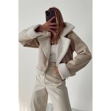 AKD Atelier Kadın Süet Mont Kısa Içi Kürklü Kruvaze Fermuarlı Cepli Ceket - 40 - Ekru