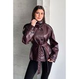 AKD Atelier Kadın Suni Deri Ceket Kuşaklı Düğmeli Uzun Kollu Cepli Dik Yaka Deri Trençkot - Bordo - 36