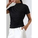 AKD Atelier Kadın T-Shirt Kısa Kollu Taşlı Drapeli Sandy Kumaş Kısa Şık Bluz