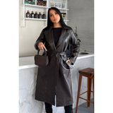 AKD Atelier Kadın Uzun Trençkot Suni Deri Kuşaklı Çift Cepli Yırtmaçlı Uzun Kollu Kruvaze Yaka Uzun Ceket - Kahverengi