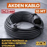 Akden Kablo 10 Metre 3x2,5mm Uzatma Kablosu Tam Kesit Kaynak Makinası Kullanıma Uygundur - Siyah