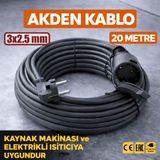 Akden Kablo 20 Metre 3x2,5mm Uzatma Kablosu Tam Kesit Kaynak Makinası Kullanıma Uygundur - Siyah