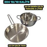 Akdeniz 20 cm Cam Kapaklı Çelik Derin Tencere 22 cm Çelik Tava 3 Parça Çelik Tava Tencere Seti - Inox