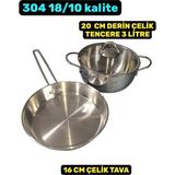 Akdeniz 20 cm Cam Kapaklı Çelik Tencere 16 cm Çelik Tava 3 Parça Çelik Tava Tencere Seti