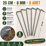 Akdeniz 8 mm L Tipi Demir Çadır ve Bahçe Kazığı 25 cm Pas Boyalı Dayanıklı Sabitleme Kazığı 6 Adet - Gri
