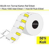 Akdenizpos 80X38 mm Karton Termal Raf Reyon Etiketi Sarı Çerçeveli 1 Rulo: 1000 Adet Etiket 1 Koli: 50 Rulo Etiket