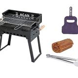 Akel Katlanır Ayaklı Emaye Mangal Çift Izgaralı Barbekü Pervazlı Gril Maşa Çıra Yelpaze Hediyeli Set
